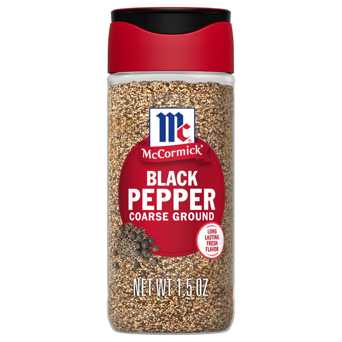 A container of McCormick Black Pepper Coarse Ground seasoning.