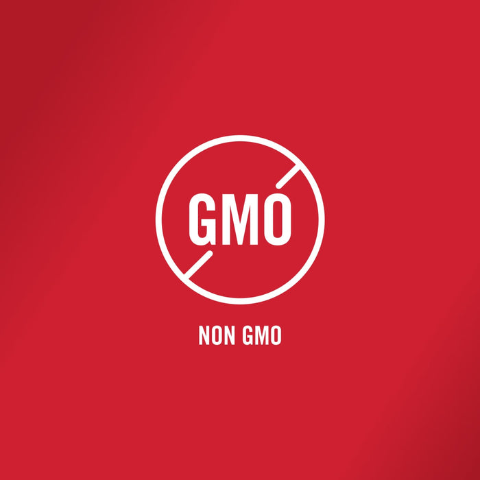A white circle with a diagonal line through it and the word GMO inside with the words NON GMO below.