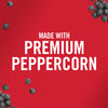 Black peppercorns scattered around the text Made with Premium Peppercorn on a red background.