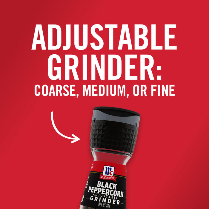 A McCormick Black Peppercorn Grinder with adjustable settings for coarse medium or fine.