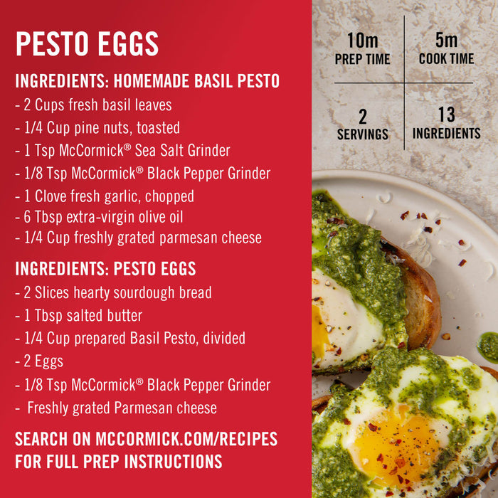 A recipe for Pesto Eggs with McCormick spices with a photo of the finished dish.