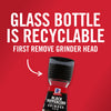 A McCormick Black Peppercorn Grinder bottle with a white arrow pointing to the grinder head with the text GLASS BOTTLE IS RECYCLABLE FIRST REMOVE GRINDER HEAD above it.