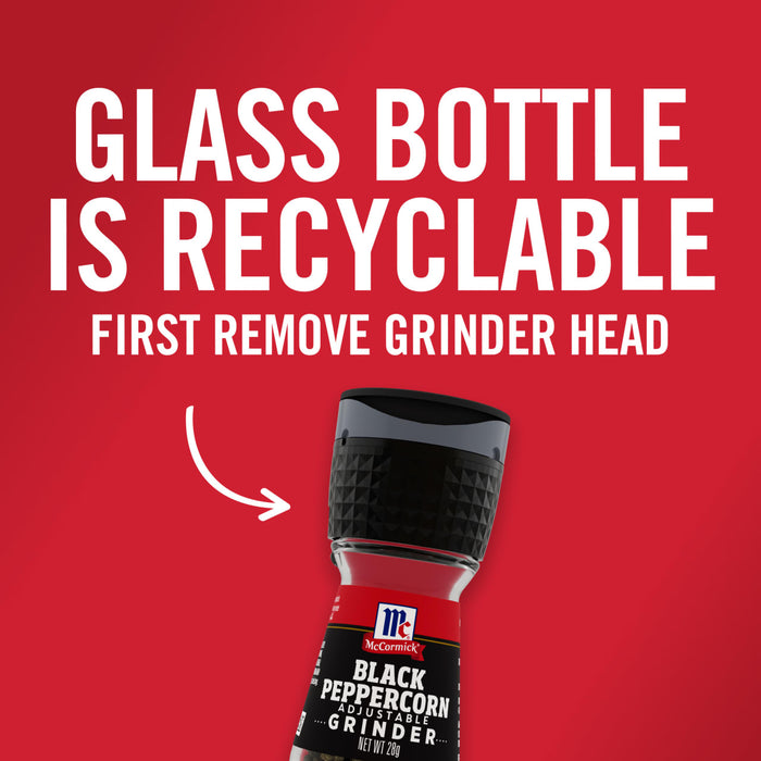 A McCormick Black Peppercorn Grinder bottle with a white arrow pointing to the grinder head with the text GLASS BOTTLE IS RECYCLABLE FIRST REMOVE GRINDER HEAD above it.