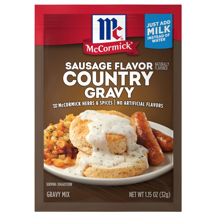McCormick Sausage Flavor Country Gravy mix package with a serving suggestion of biscuits and gravy.
