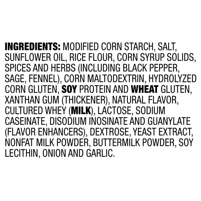 A list of ingredients for a product including modified corn starch salt sunflower oil rice flour corn syrup solids spices and herbs corn maltodextrin hydrolyzed corn gluten soy protein and wheat gluten.