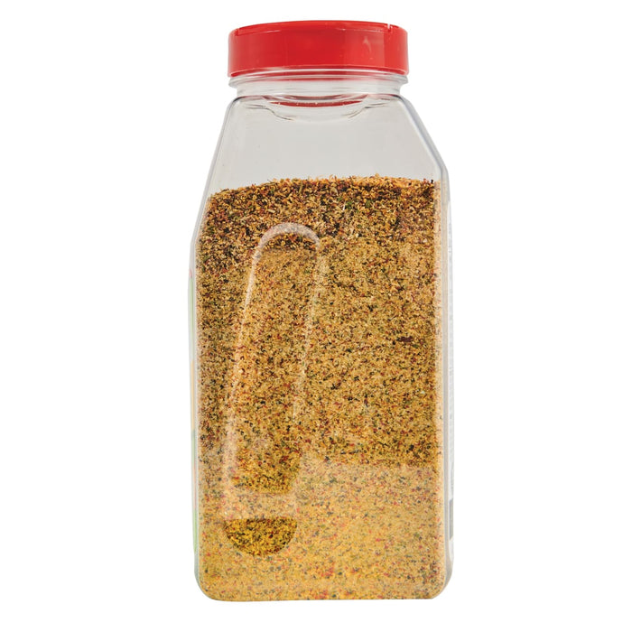 A clear plastic bottle with a red lid filled with a blend of spices.