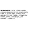 A list of ingredients for a product including onion garlic spices and lemon oil.