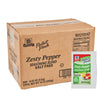 A cardboard case containing 500 individual packets of McCormick Perfect Pinch Zesty Pepper Seasoning Blend Salt Free, also known as Mccormick S/F Zsty Ppr, is displayed with one packet in front.