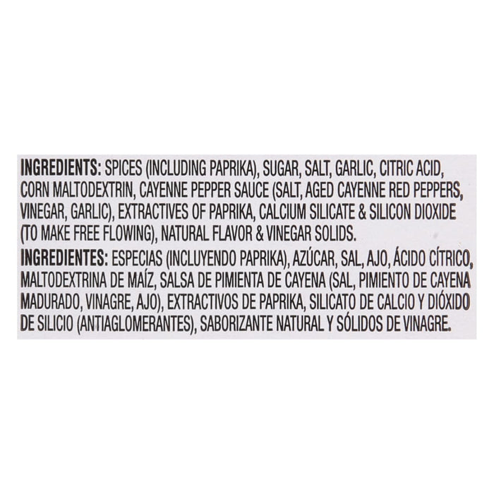 Ingredients list for a spice blend including paprika sugar salt garlic citric acid corn maltodextrin cayenne pepper sauce and more.