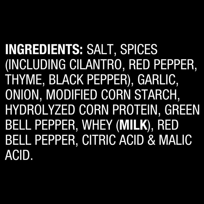 A list of ingredients for a product including salt spices cilantro red pepper thyme black pepper garlic onion modified corn starch hydrolyzed corn protein green bell pepper whey red bell pepper citric acid and malic acid.