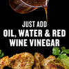 The image shows a marinade being poured over cooked chicken, with the text Just Add Oil, Water &amp; Red Wine Vinegar indicating the recipe's simplicity.