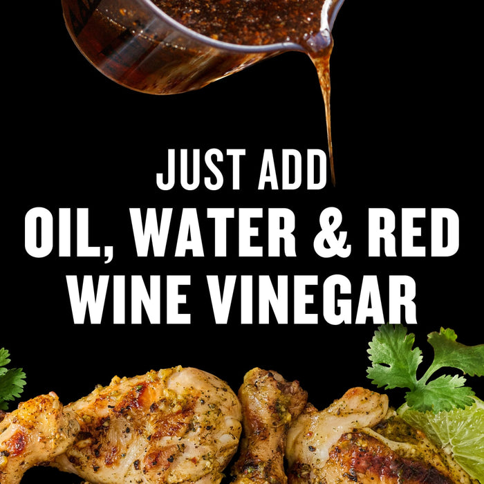 The image shows a marinade being poured over cooked chicken, with the text Just Add Oil, Water &amp; Red Wine Vinegar indicating the recipe's simplicity.