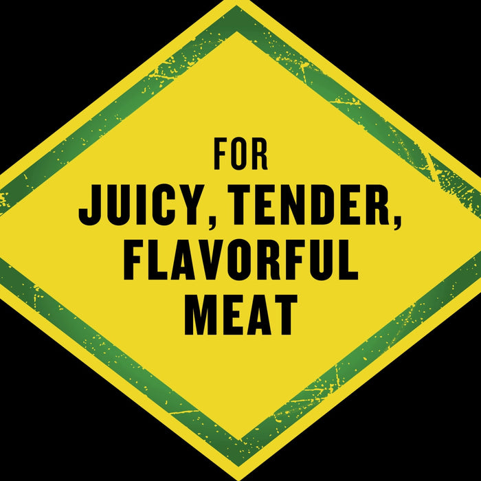 A yellow diamond-shaped badge with green trim advertises the product's ability to create juicy, tender, and flavorful meat.