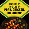 This image promotes a product that flavors up to 2 lbs of pork, chicken, or shrimp, shown with grilled shrimp skewers.