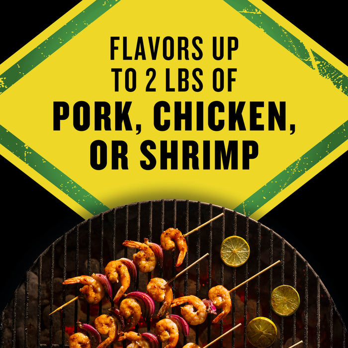 This image promotes a product that flavors up to 2 lbs of pork, chicken, or shrimp, shown with grilled shrimp skewers.