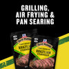 Grill Mates Brazilian Steakhouse seasoning is shown, highlighting its versatility for grilling, air frying, and pan searing.