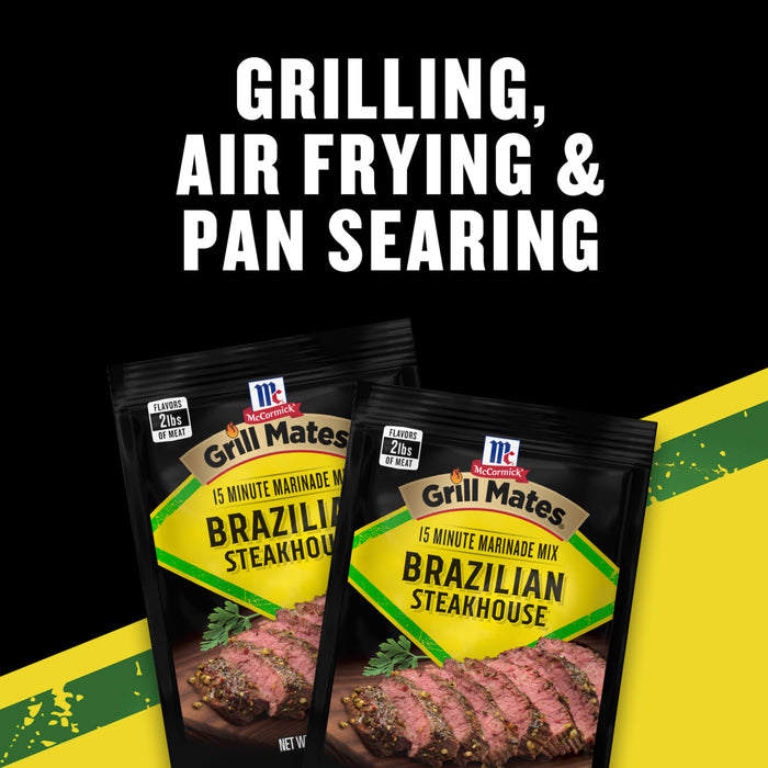 Grill Mates Brazilian Steakhouse seasoning is shown, highlighting its versatility for grilling, air frying, and pan searing.
