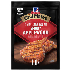 This is a package of McCormick Grill Mates 15 Minute Marinade Mix in Smoky Applewood flavor.