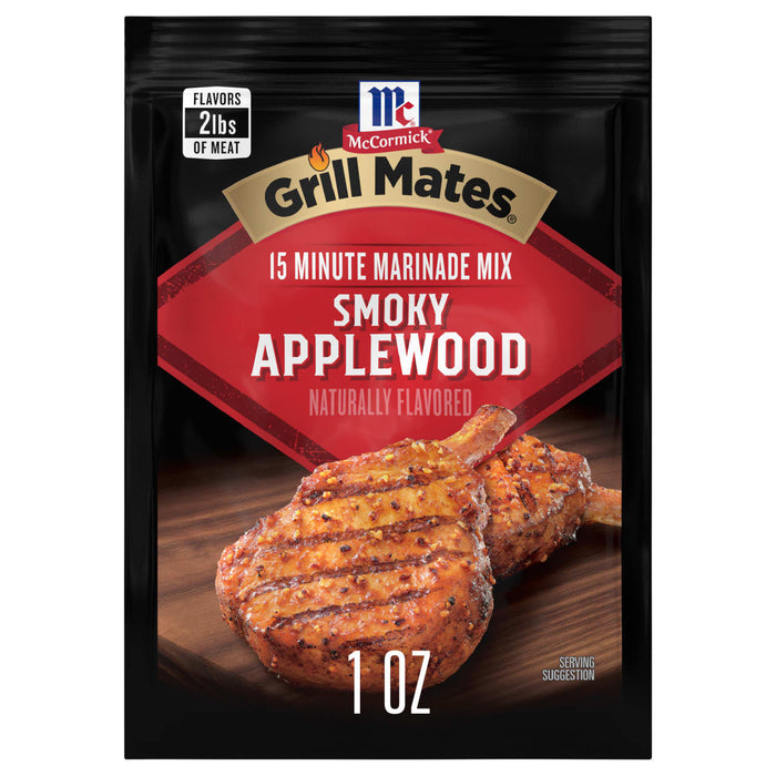 This is a package of McCormick Grill Mates 15 Minute Marinade Mix in Smoky Applewood flavor.