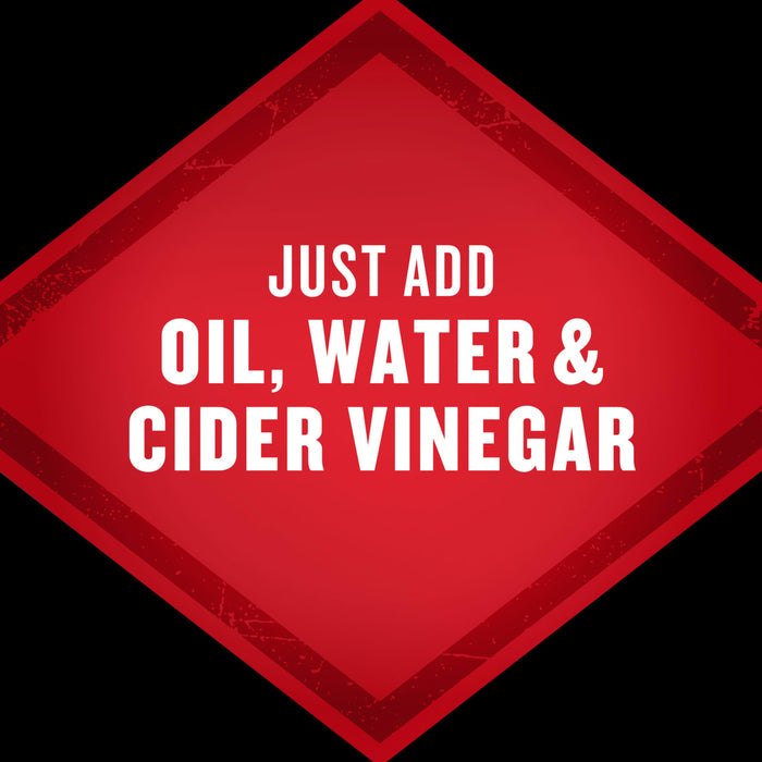 A red diamond shape with the text Just add oil, water and cider vinegar.