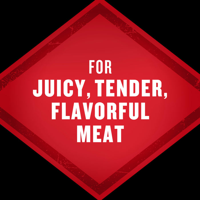 A red diamond shape with the text For juicy, tender, flavorful meat.