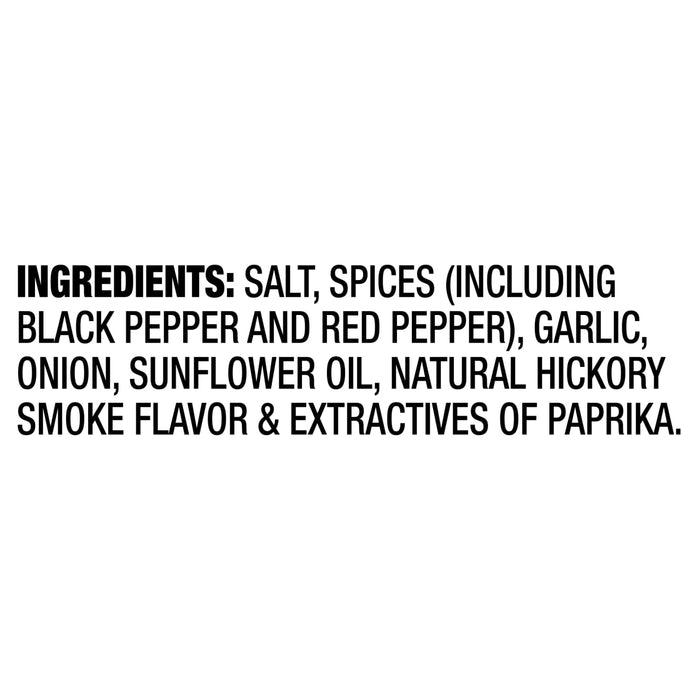 A list of ingredients for a product including salt spices black pepper red pepper garlic onion sunflower oil natural hickory smoke flavor and extractives of paprika.