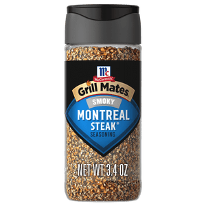 A bottle of McCormick Grill Mates Smoky Montreal Steak Seasoning.