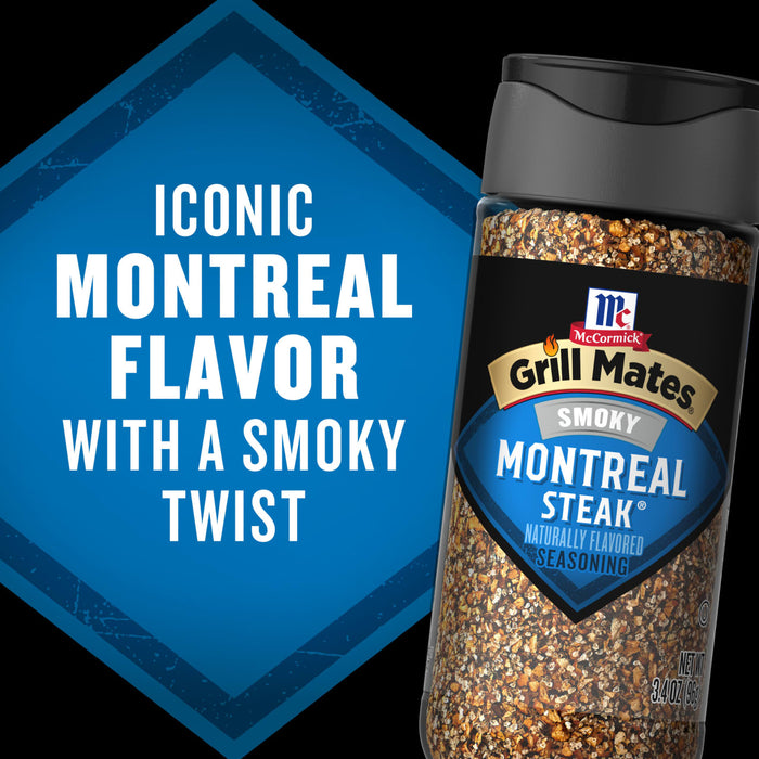 A bottle of McCormick Grill Mates Smoky Montreal Steak Seasoning is shown with the text Iconic Montreal Flavor with a Smoky Twist in the background.