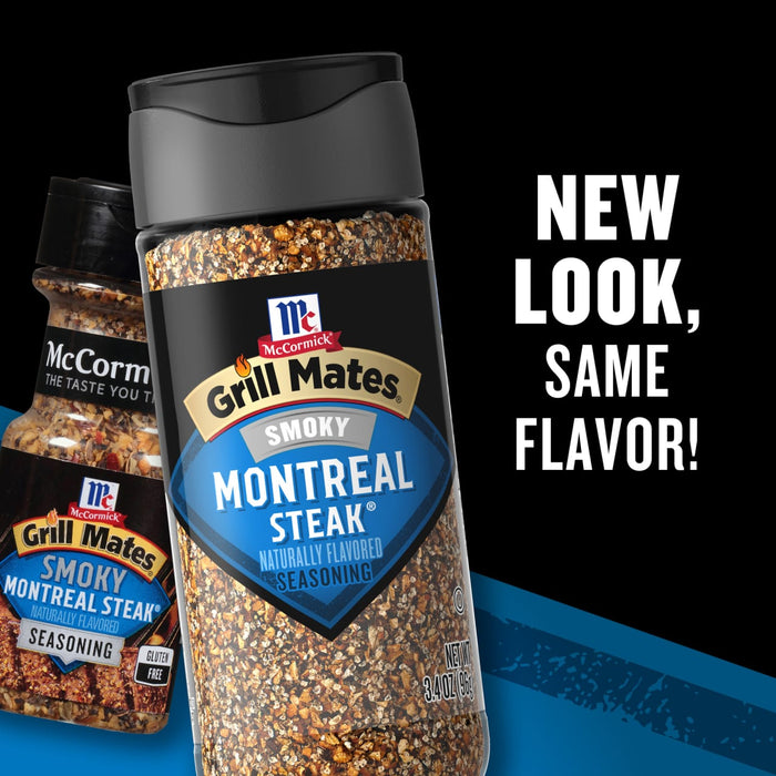 Two bottles of McCormick Grill Mates Smoky Montreal Steak seasoning are shown with the text New Look Same Flavor!