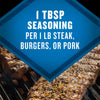 A close-up of seasoned steak, burgers, or pork on a grill, with a blue diamond-shaped overlay stating the recommendation of 1 tbsp seasoning per 1 lb of meat.