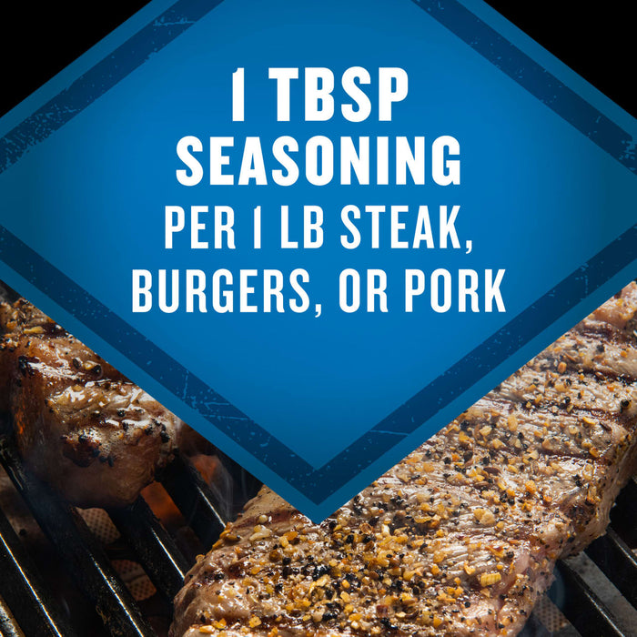 A close-up of seasoned steak, burgers, or pork on a grill, with a blue diamond-shaped overlay stating the recommendation of 1 tbsp seasoning per 1 lb of meat.