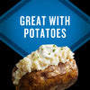 A baked potato topped with mashed potatoes, sour cream, and chives is featured with the text Great With Potatoes in a blue diamond shape.