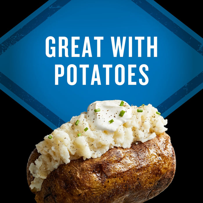 A baked potato topped with mashed potatoes, sour cream, and chives is featured with the text Great With Potatoes in a blue diamond shape.