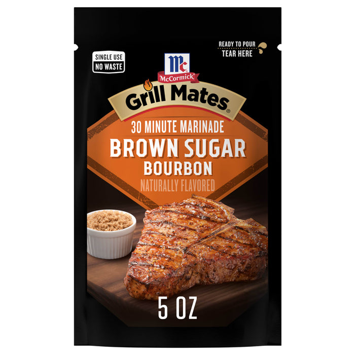 McCormick Grill Mates Brown Sugar Bourbon Marinade package featuring a grilled steak.