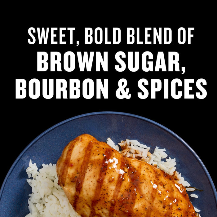 A close-up of grilled chicken with rice, highlighting the sweet, bold blend of brown sugar, bourbon, and spices.