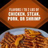 This image promotes a product that flavors 1 to 2 lbs of chicken, steak, pork, or shrimp, showcasing grilled meat with peach slices.