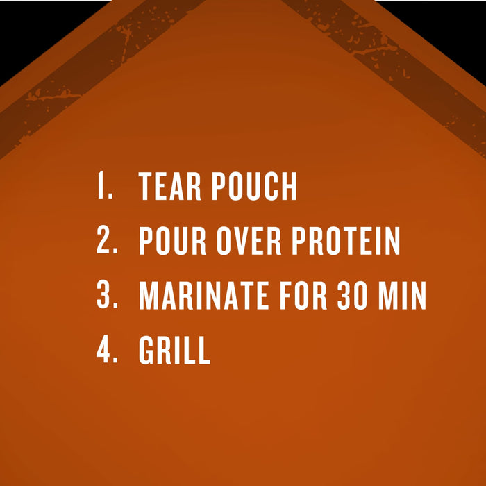 Instructions for marinating and grilling protein, including tearing the pouch, pouring over protein, marinating for 30 minutes, and grilling.
