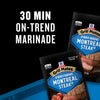 This image features McCormick Grill Mates Montreal Steak Marinade, highlighting its 30-minute marinating time and single-use, no-waste packaging.