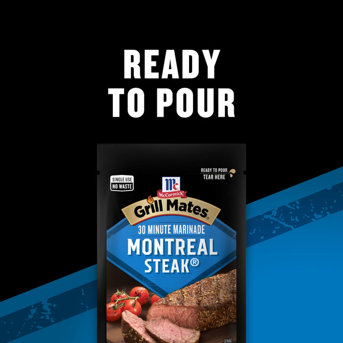 A package of McCormick Grill Mates 30 Minute Marinade Montreal Steak flavor, with the words Ready to Pour above it.