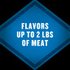 The image displays a blue diamond shape with the text FLAVORS UP TO 2 LBS OF MEAT in white, indicating the products flavoring capacity.