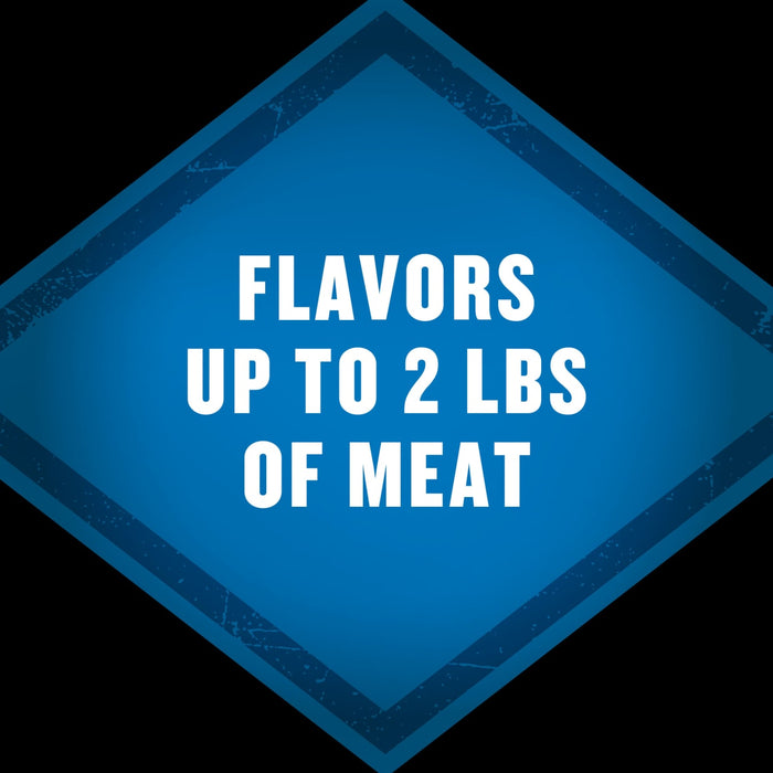 The image displays a blue diamond shape with the text FLAVORS UP TO 2 LBS OF MEAT in white, indicating the products flavoring capacity.