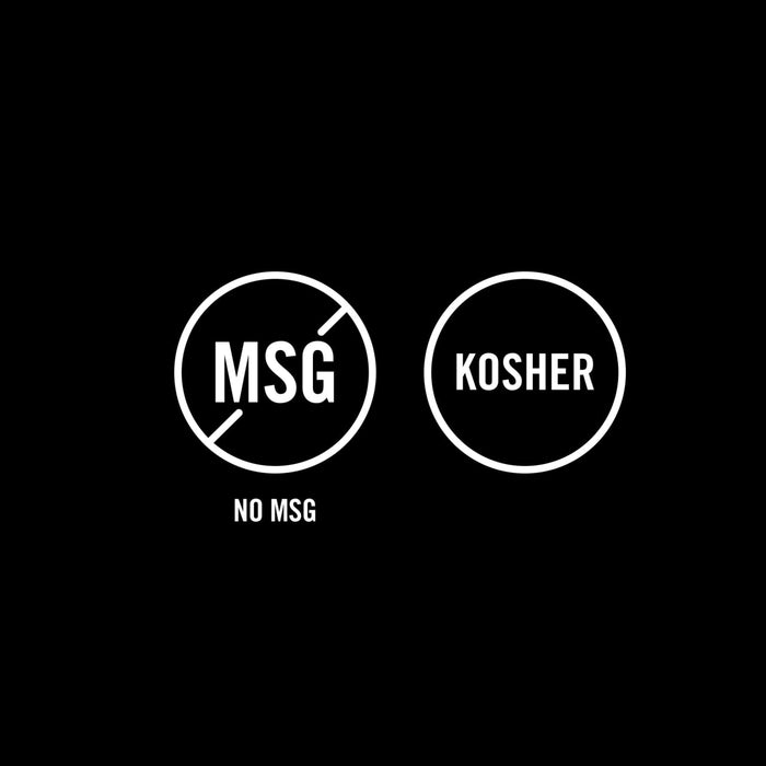 The image shows two circular icons, one indicating No MSG and the other indicating Kosher.