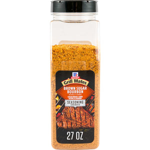 A container of Grill Mates Brown Sugar Bourbon seasoning is displayed.