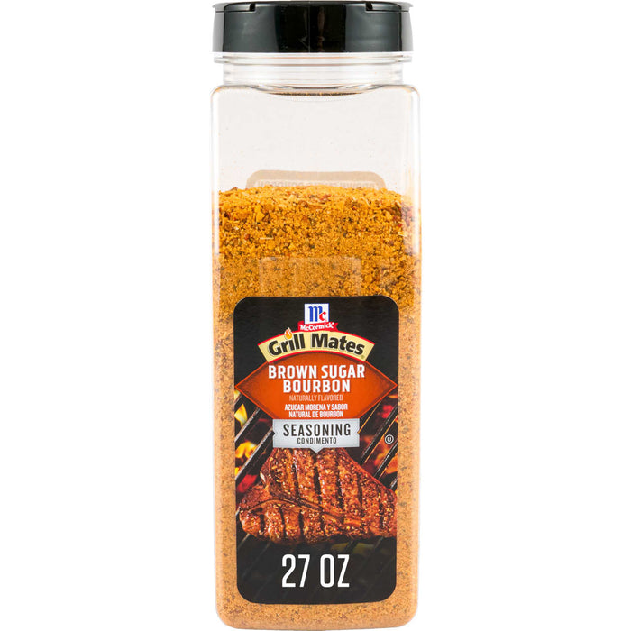 A container of Grill Mates Brown Sugar Bourbon seasoning is displayed.