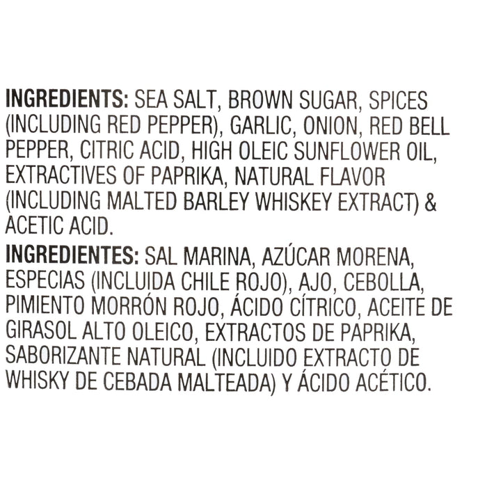 A list of ingredients for a product including sea salt brown sugar spices garlic onion red bell pepper and more.