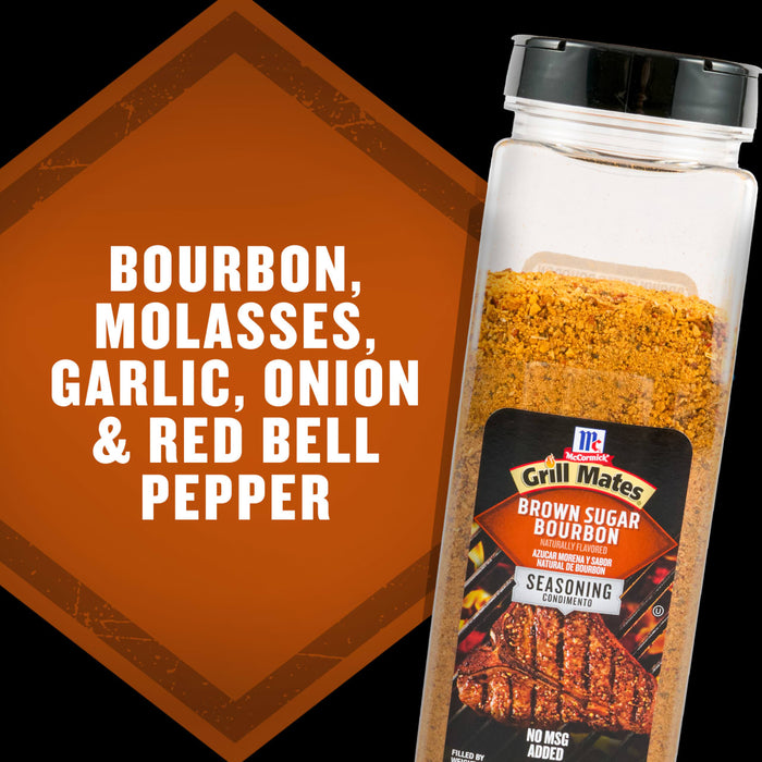 A bottle of Grill Mates Brown Sugar Bourbon seasoning blend, highlighting the ingredients bourbon, molasses, garlic, onion, and red bell pepper.