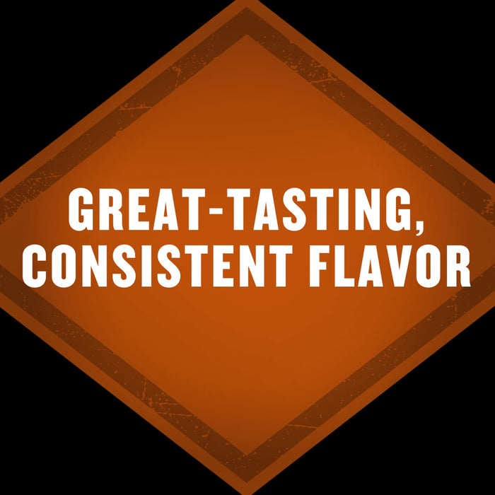 A brown diamond-shaped badge with the text Great-Tasting, Consistent Flavor.