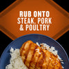 A seasoned chicken breast served over rice, with text that reads Rub onto steak, pork &amp; poultry.