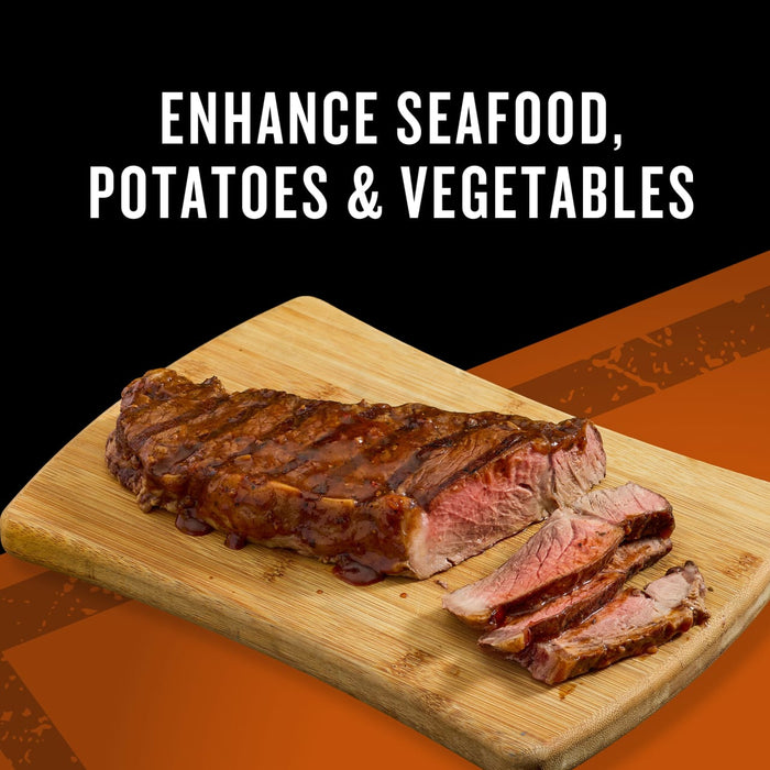 A grilled steak, sliced on a wooden cutting board, is shown to represent enhancing seafood, potatoes, and vegetables.