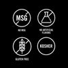 This illustration shows icons indicating the product contains no MSG, no artificial flavors, is gluten-free, and is Kosher.